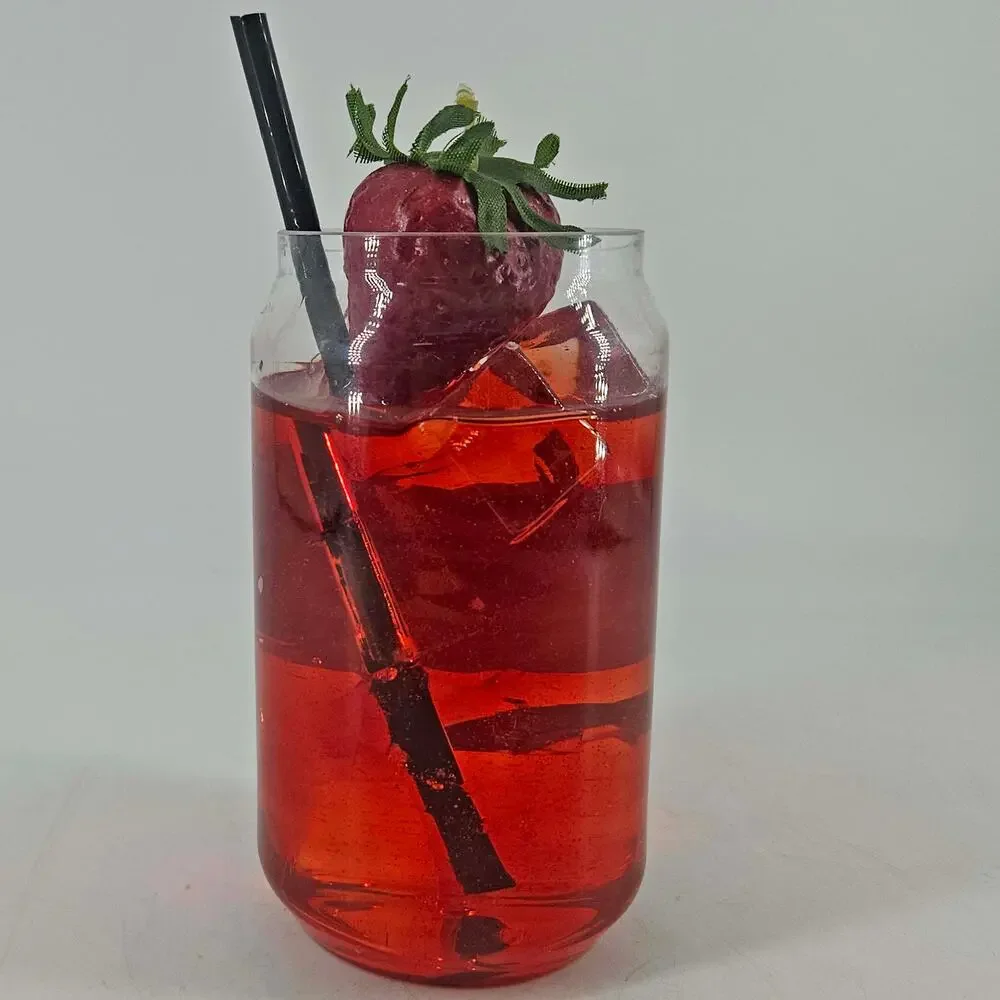 Display Prop Faux glass of strawberry Fanta w straw n ice cubes Realistic